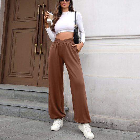 High Waist Pure Color Pocket Ankle-tied Trousers Casual Pants For Women