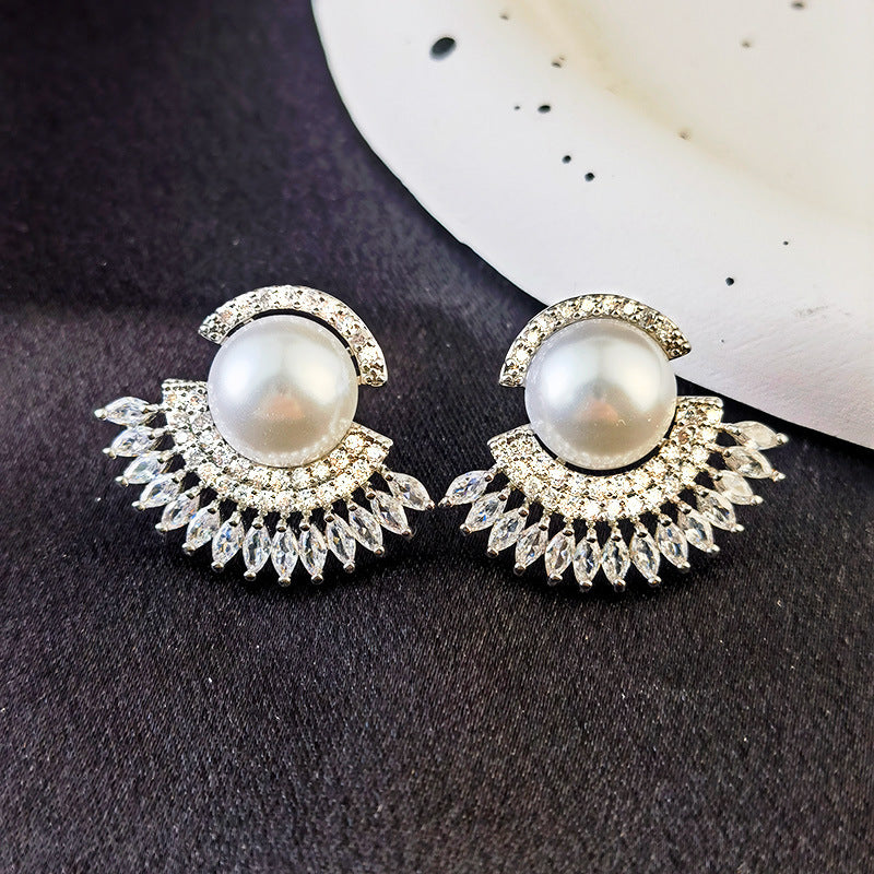 Fan-shaped Pearl Stud Earrings Female Copper Inlaid Zircon