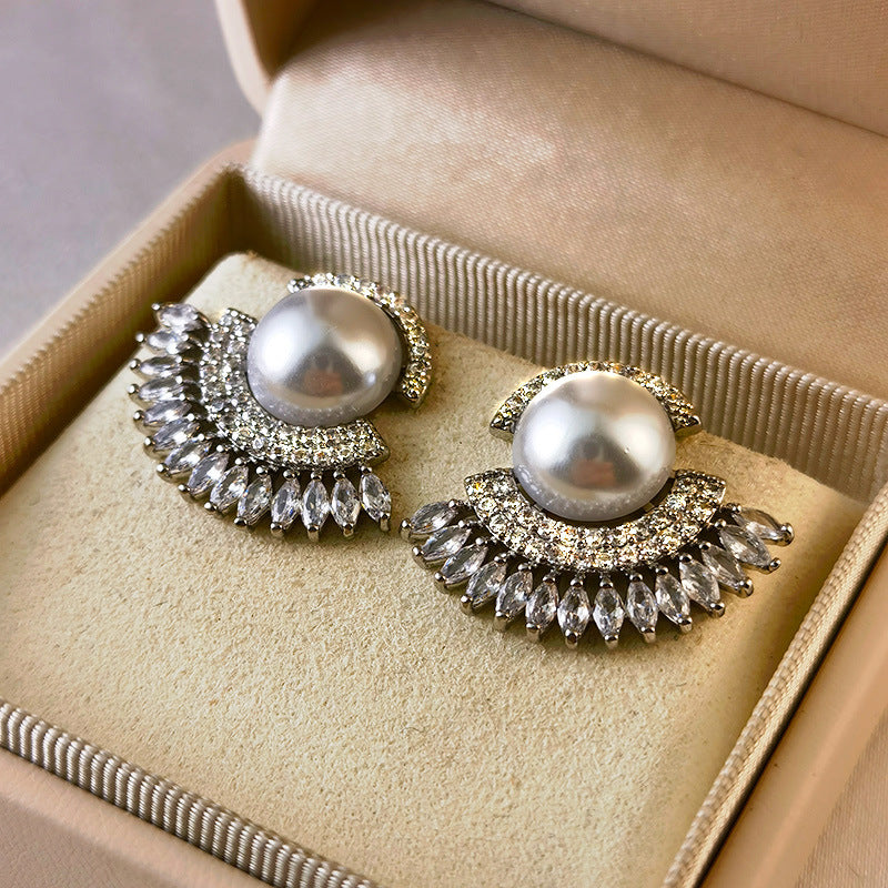 Fan-shaped Pearl Stud Earrings Female Copper Inlaid Zircon