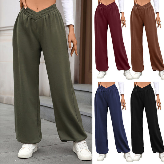 High Waist Pure Color Pocket Ankle-tied Trousers Casual Pants For Women