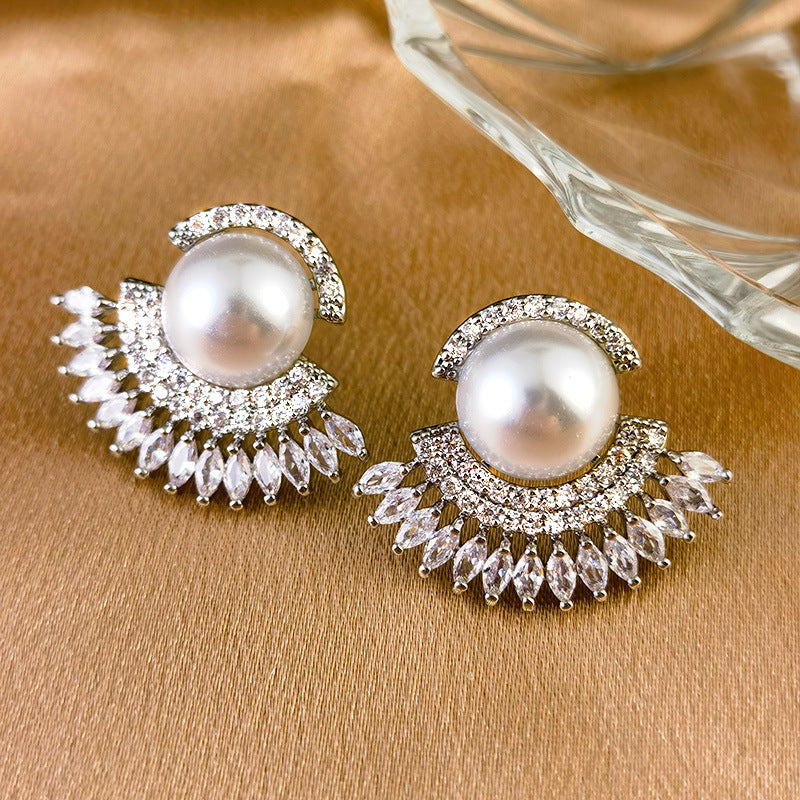 Fan-shaped Pearl Stud Earrings Female Copper Inlaid Zircon