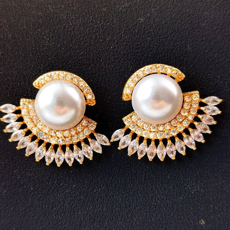 Fan-shaped Pearl Stud Earrings Female Copper Inlaid Zircon