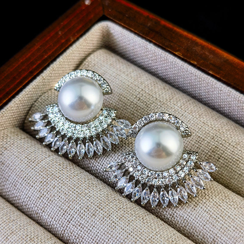 Fan-shaped Pearl Stud Earrings Female Copper Inlaid Zircon