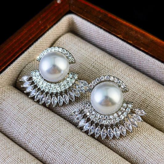 Fan-shaped Pearl Stud Earrings Female Copper Inlaid Zircon